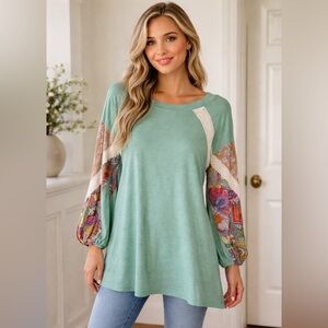 Umgee Boho Patchwork Sleeve Tunic Top Mint Green Lace Detail Size Small
